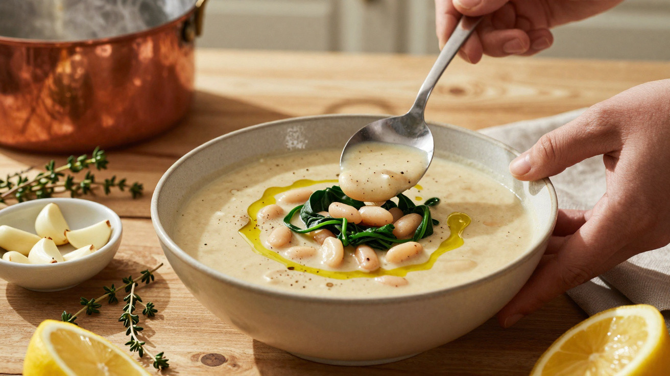 Sopa cremosa de feijão branco com espinafres e azeite num prato cerâmico, com limão e alho à volta.