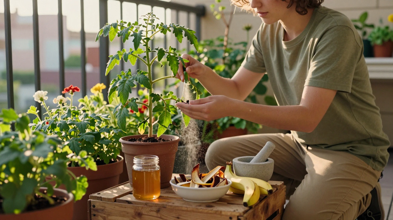 Pessoa a aplicar pó em planta num vaso, com jarro de mel e frutas num suporte de madeira num terraço.