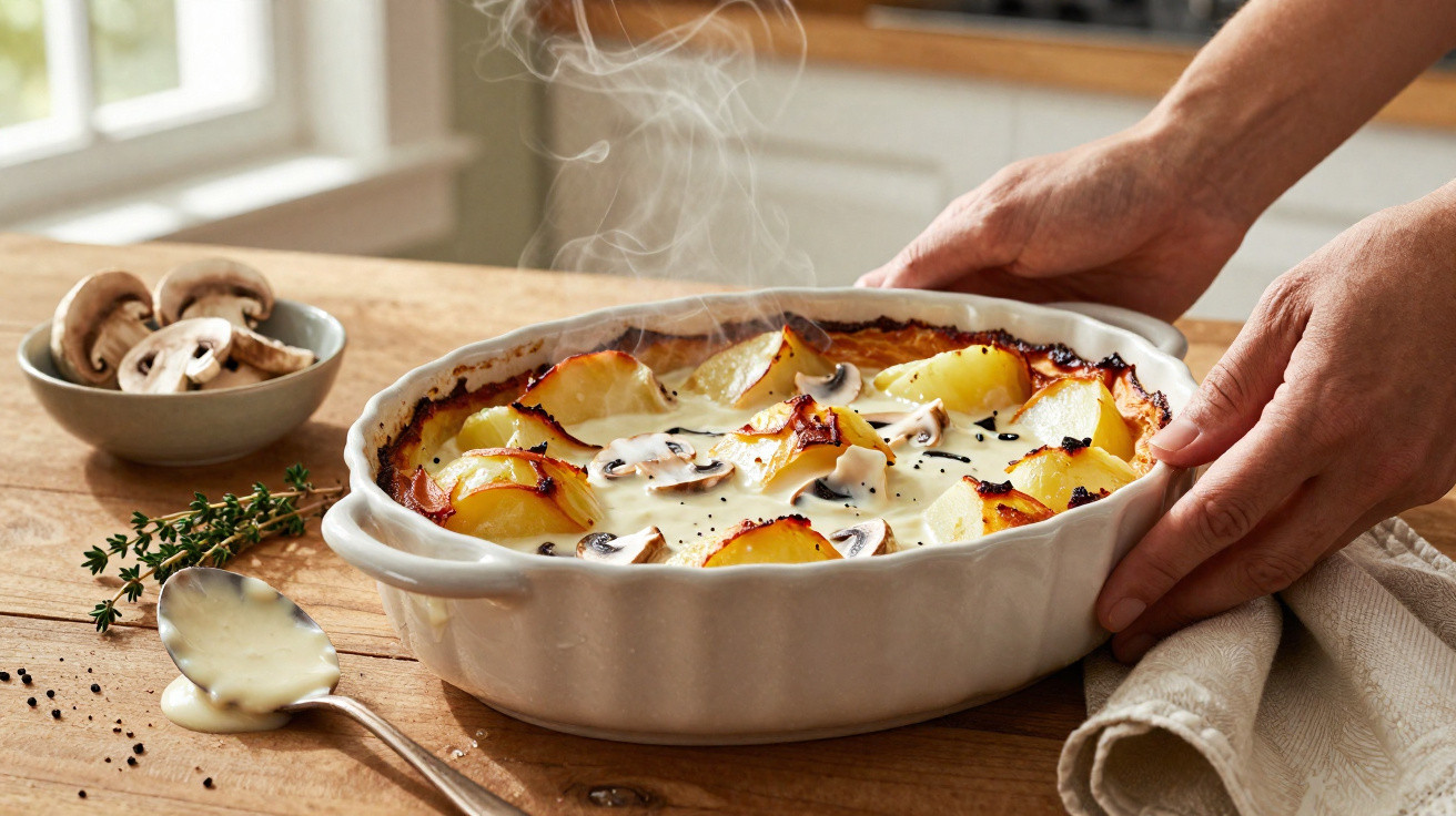 Prato oval com gratinado de batatas, cogumelos e molho cremoso fumegante sobre mesa de madeira.