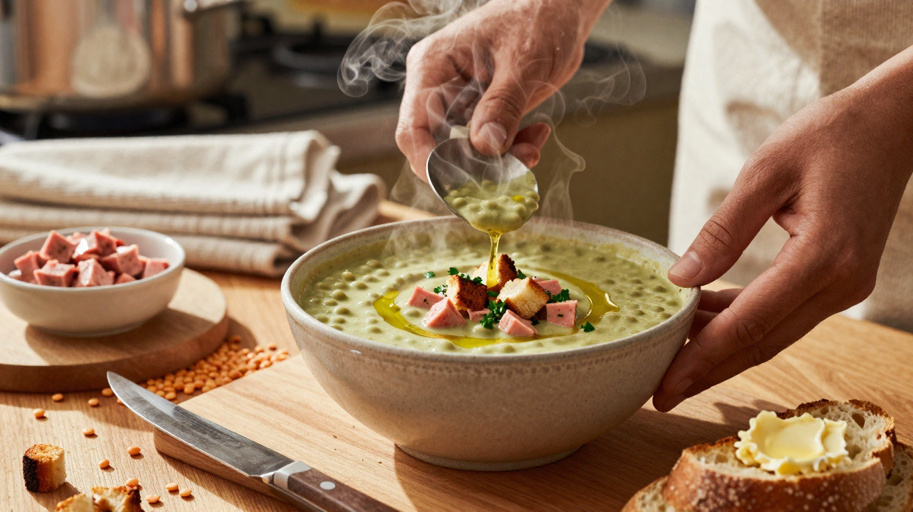 Mão a servir azeite quente numa tigela de sopa cremosa com cubos de fiambre e pão com manteiga ao lado.