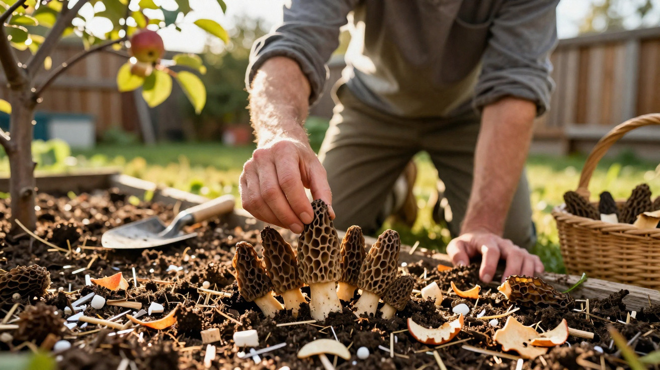 Pessoa colhe cogumelos maislhas cultivados em solo numa horta com cesta e pá ao lado.