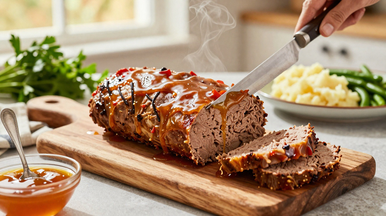 Rolo de carne quente com molho a ser cortado em fatias numa tábua de madeira, com puré e legumes ao fundo.