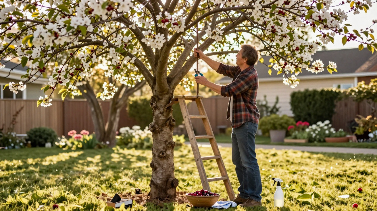 Homem a podar um cerejeira florida no jardim num dia ensolarado de primavera.