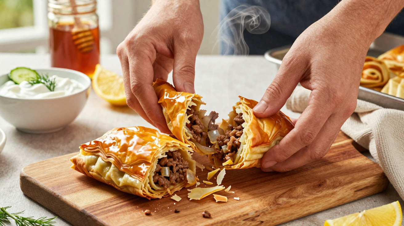 Mãos a partir pastel recheado com carne picada e cebola, sobre tábua de madeira, com condimentos ao fundo.