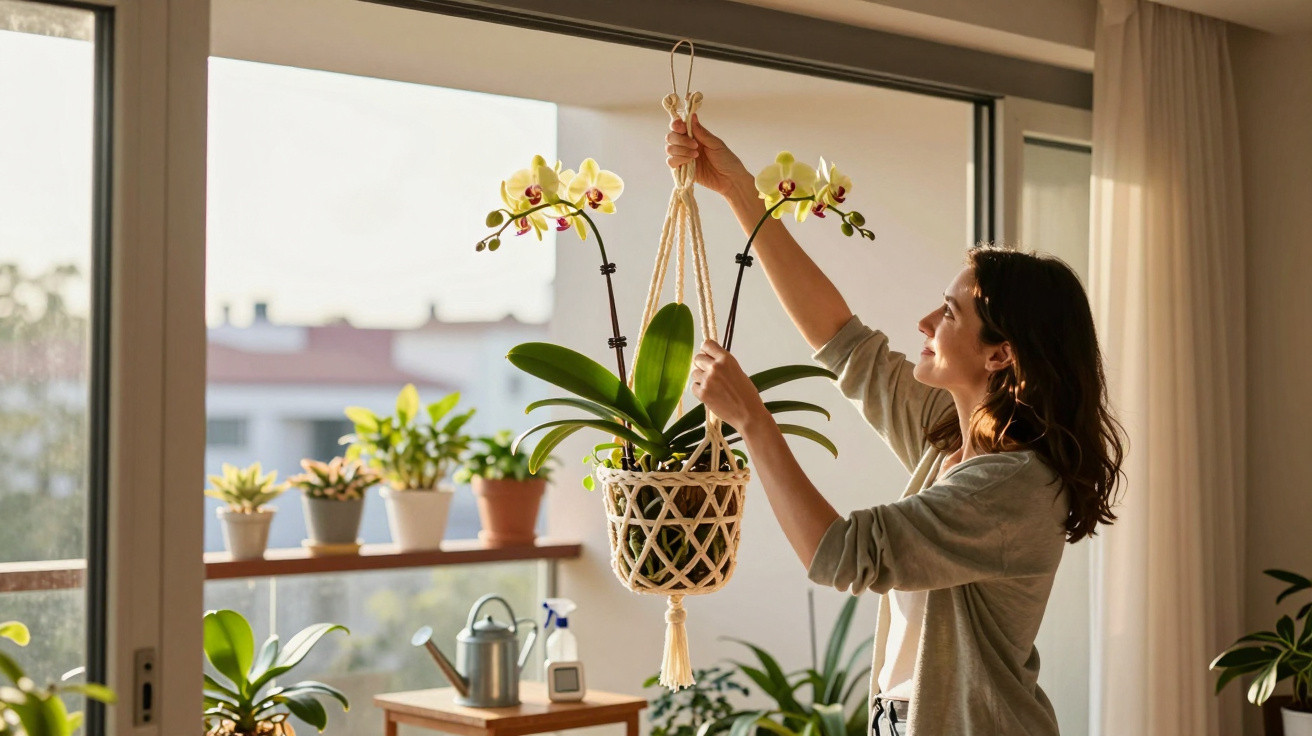 Mulher a pendurar vaso com orquídeas amarelas numa varanda com várias plantas ao fundo.