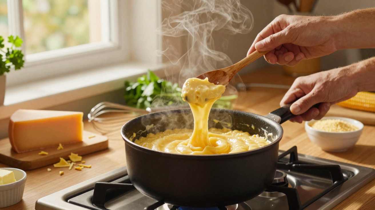 Pessoa a cozinhar polenta cremosa numa panela preta sobre fogão, com vapor a subir.