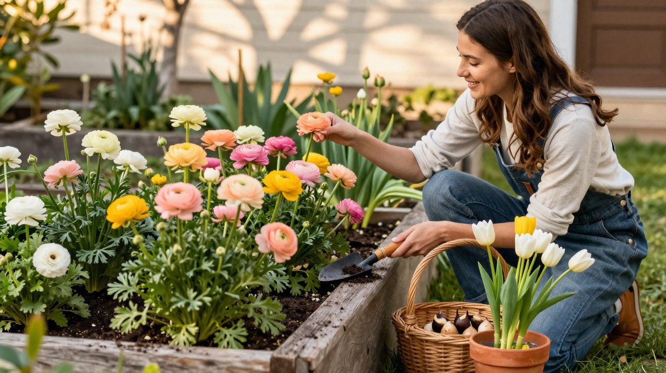 Mulher sorridente cuida de flores coloridas numa horta enquanto se agacha, com cesta de plantas ao lado.