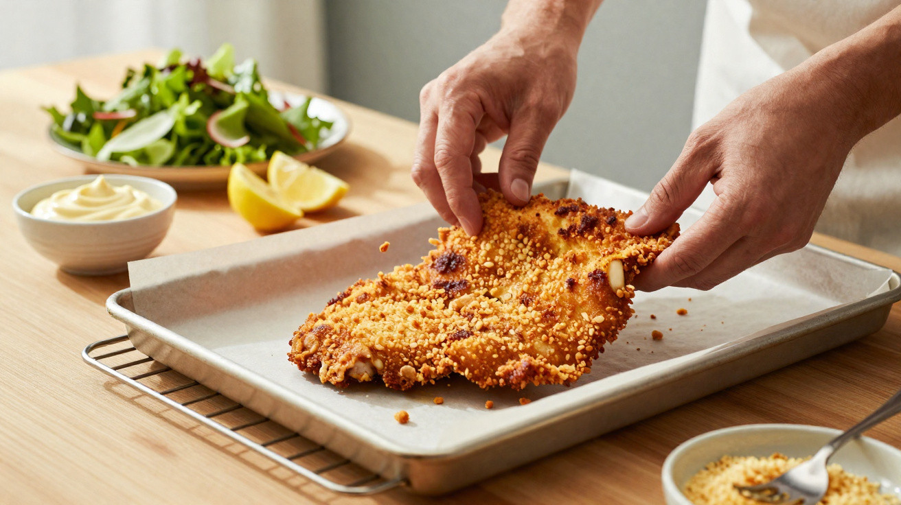 Mãos a retirar um pedaço de carne empanada e crocante num tabuleiro com salada e limão ao fundo.