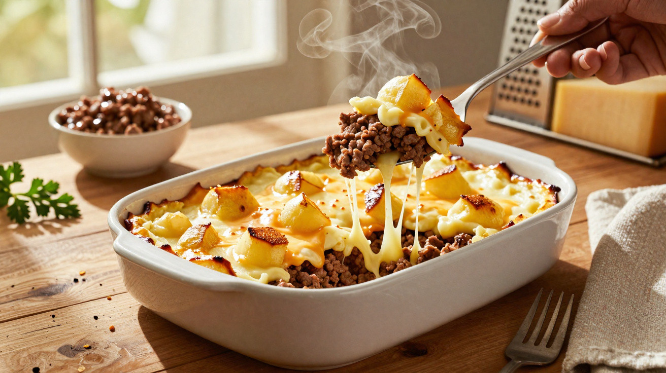Prato quente de gratinado com carne moída e batatas a sair do forno, com vapor visível no ar.