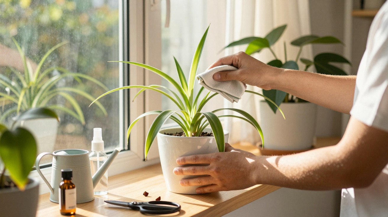 Pessoa a limpar folhas de planta num vaso branco junto à janela com ferramentas de jardinagem.