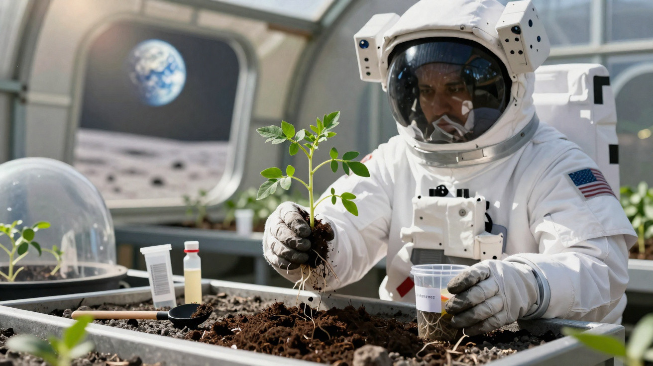 Astronauta a plantar uma muda numa estufa lunar com a Terra visível na janela ao fundo.
