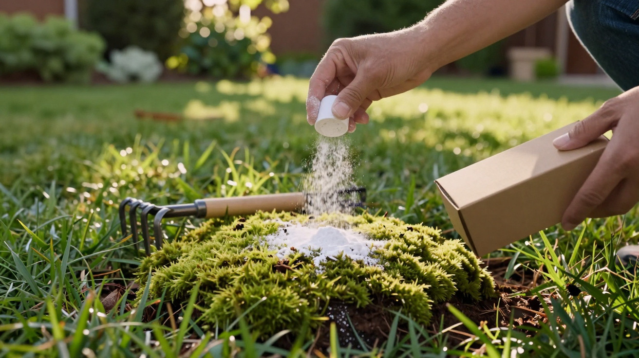 Pessoa a aplicar pó branco em musgo num jardim, com ancinho pequeno ao lado numa relva verde.