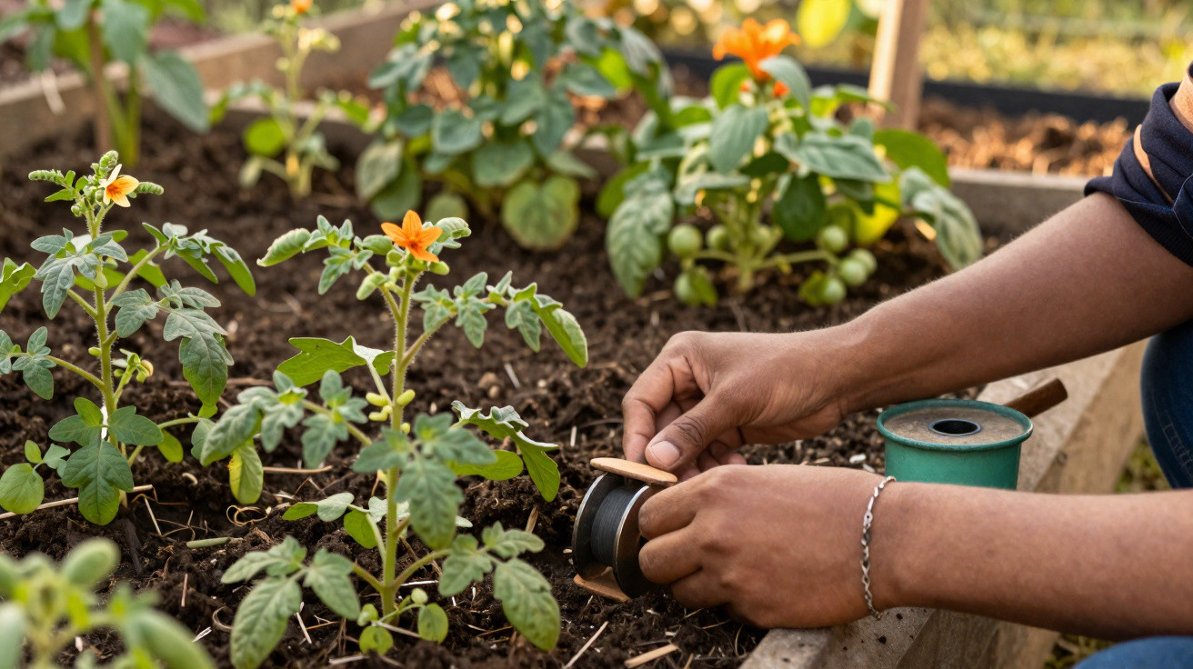 Mãos a enrolar fio para plantar ou suportar plantas com flores laranja num canteiro de terra.