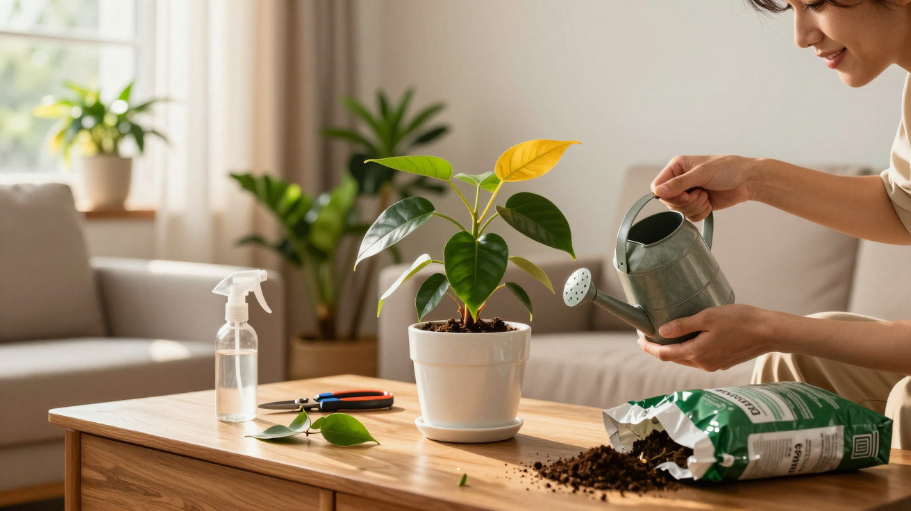 Pessoa a regar planta em vaso branco numa mesa de madeira, com terra, ferramentas de jardim e pulverizador.