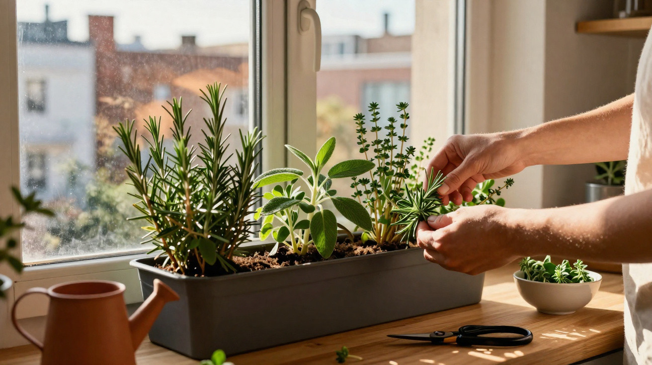 Mãos a cuidar de plantas aromáticas num vaso à beira de uma janela com regador e tesoura sobre a mesa.