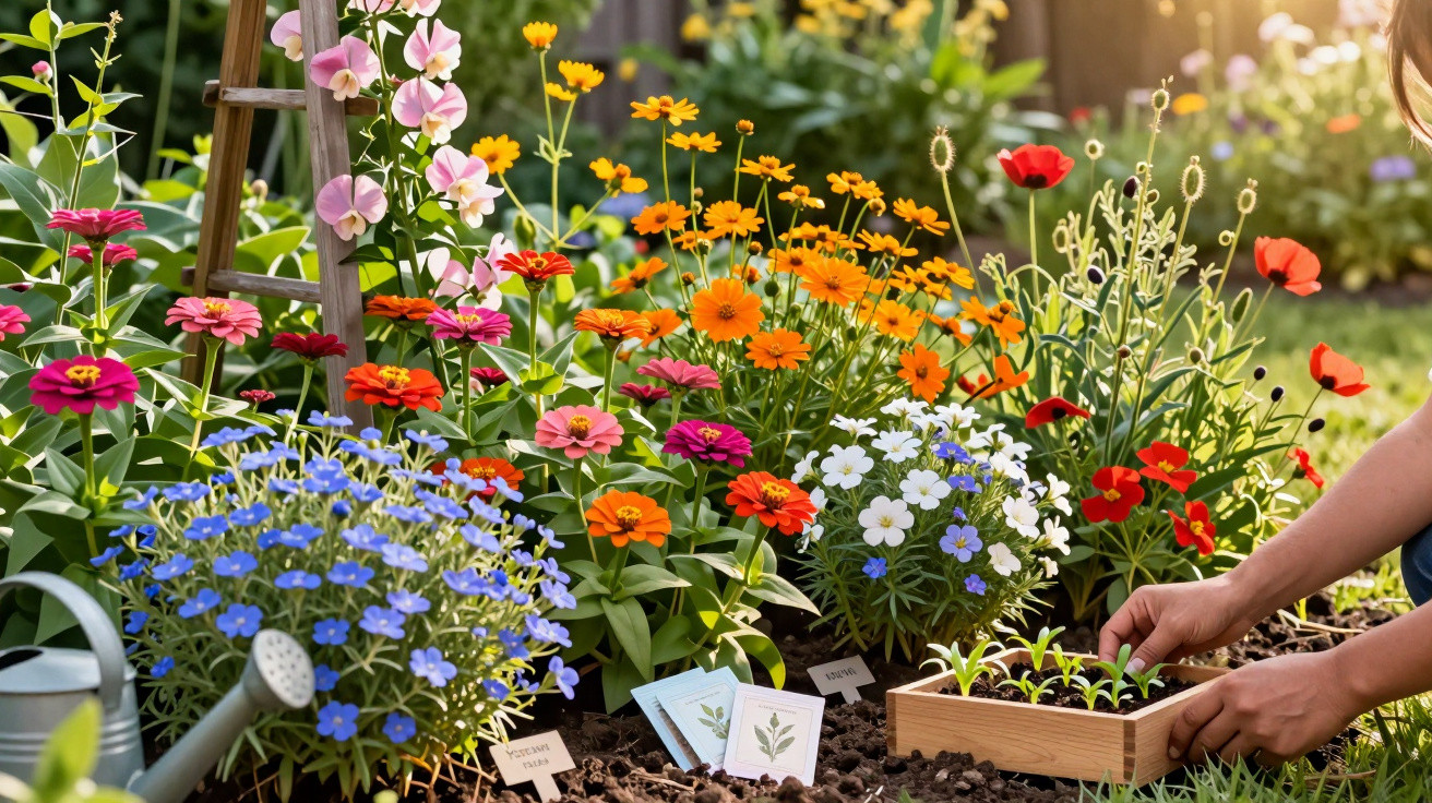Jardim com flores coloridas em flor e mãos de pessoa a plantar muda em caixa de madeira.