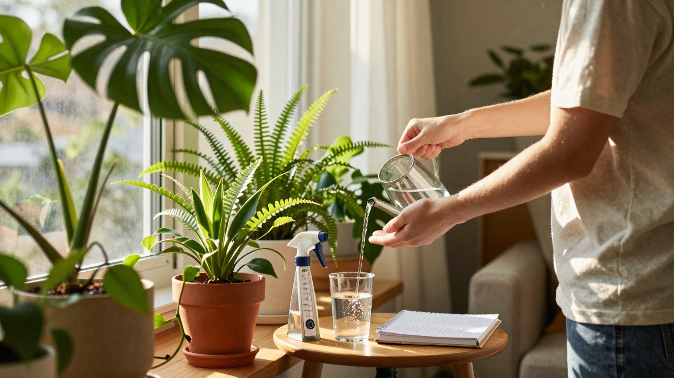 Pessoa a verter água num copo junto a plantas verdes em vaso numa divisão iluminada pelo sol.