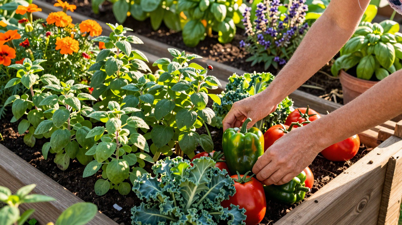 Mãos a colher pimentos verdes e tomates maduros numa horta com outras plantas e flores coloridas.