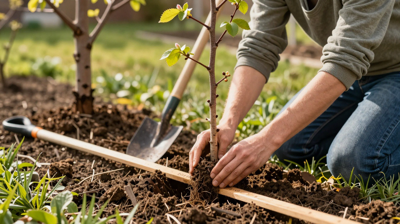 Pessoa a plantar uma árvore jovem no solo num jardim com ferramentas de jardinagem ao lado.