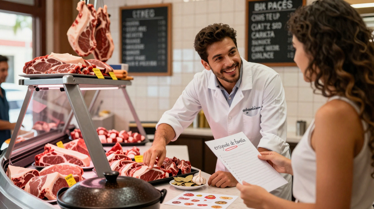 Talhante sorridente a atender mulher numa loja de carnes com vitrine cheia de carnes diversas.
