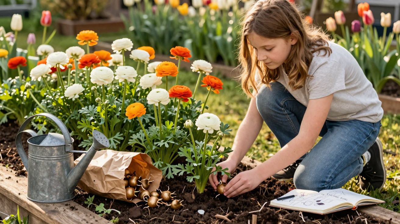 Menina a plantar bulbos em canteiro com flores laranjas e brancas, regador e caderno aberto ao lado.