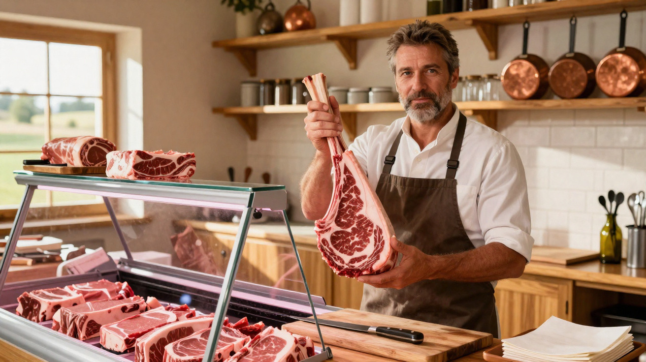 Talhante com avental castanho segura peça grande de carne numa loja rústica de carnes frescas.