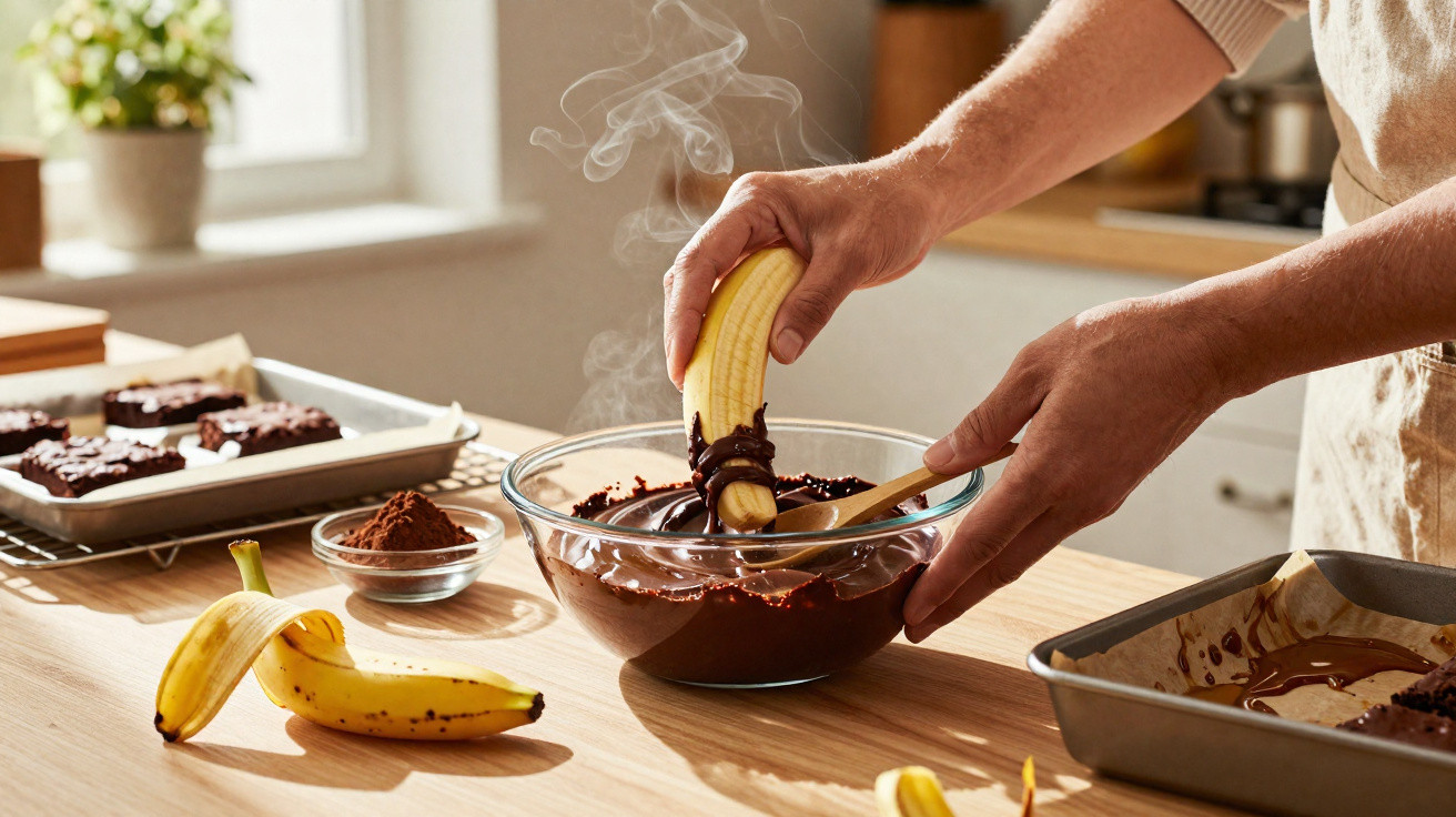 Pessoa a mergulhar uma banana em chocolate derretido numa cozinha iluminada natural.