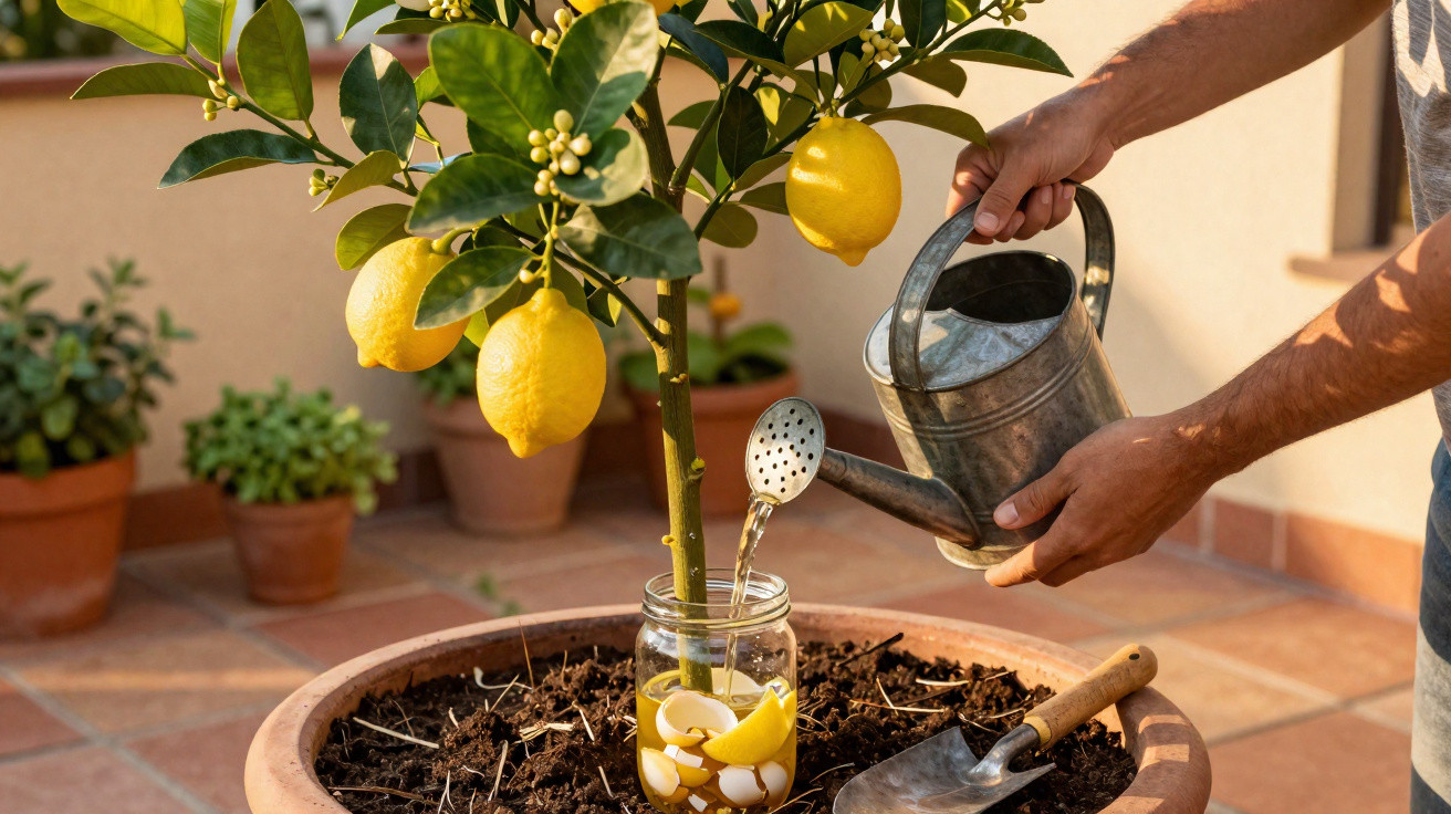 Pessoa a regar uma árvore de limão plantada num vaso grande num terraço iluminado pelo sol.