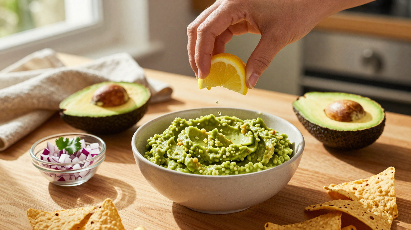 Mão a espremer sumo de limão sobre guacamole numa taça rodeada de abacate, cebola roxa e nachos.