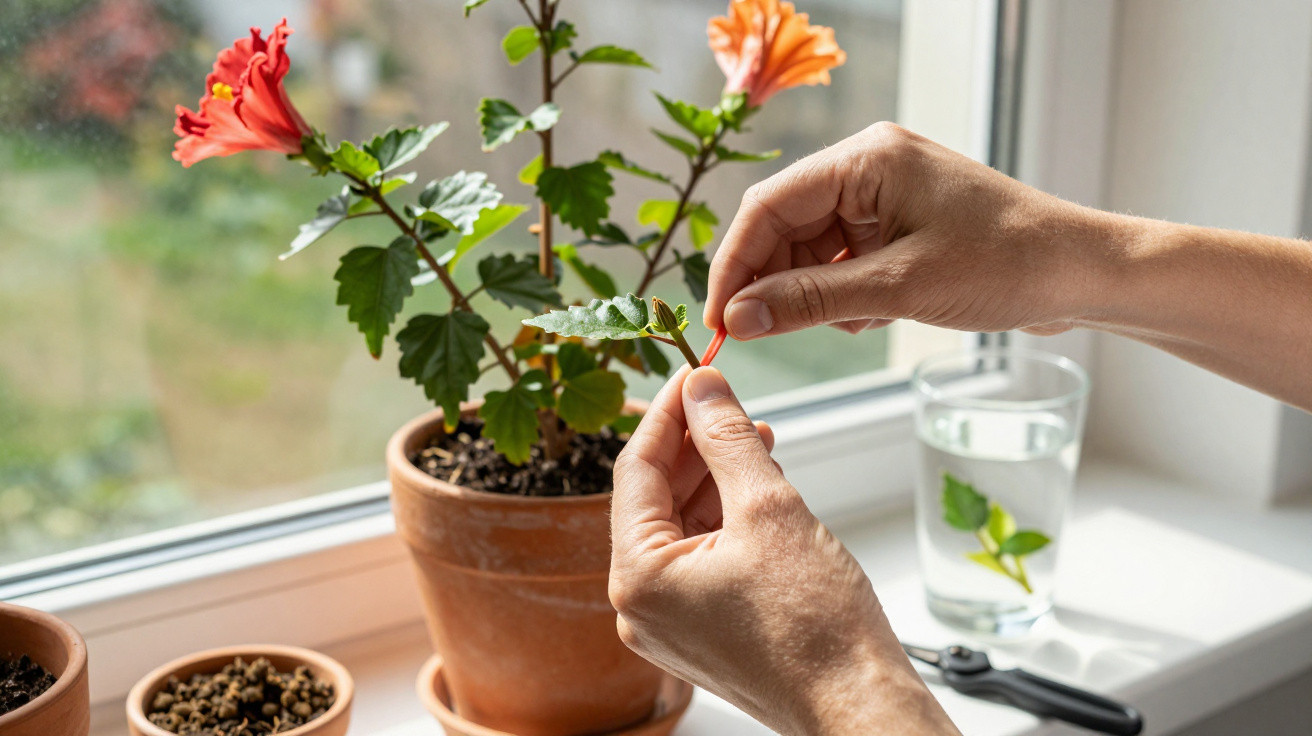 Mãos a cuidar de planta com flores cor de laranja em vaso junto a janela, copo de água e tesoura na bancada.