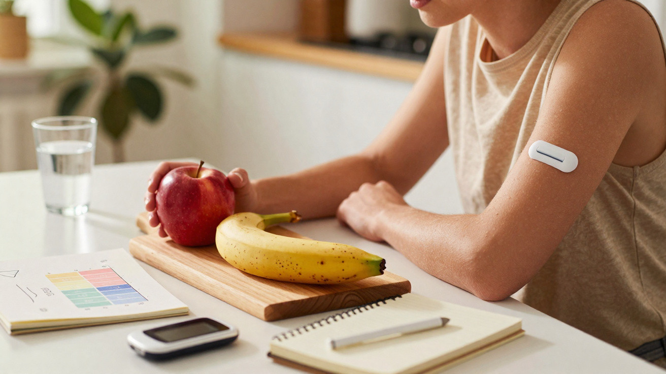 Pessoa com dispositivo de monitorização na pele, segurando maçã junto a banana, caderno e medidor de glicose numa mesa.