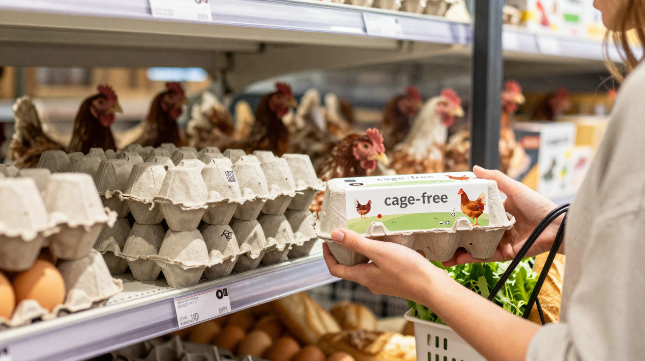 Pessoa a segurar embalagem de ovos cage-free numa prateleira de supermercado com galinhas empoleiradas atrás.