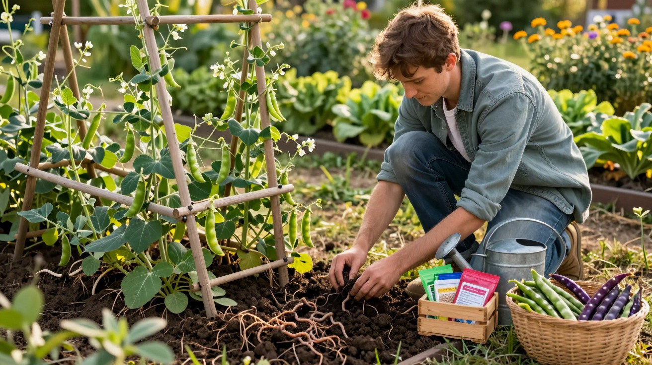 Jovem a cultivar terra num jardim com plantas de feijão, sementes e regador ao lado.