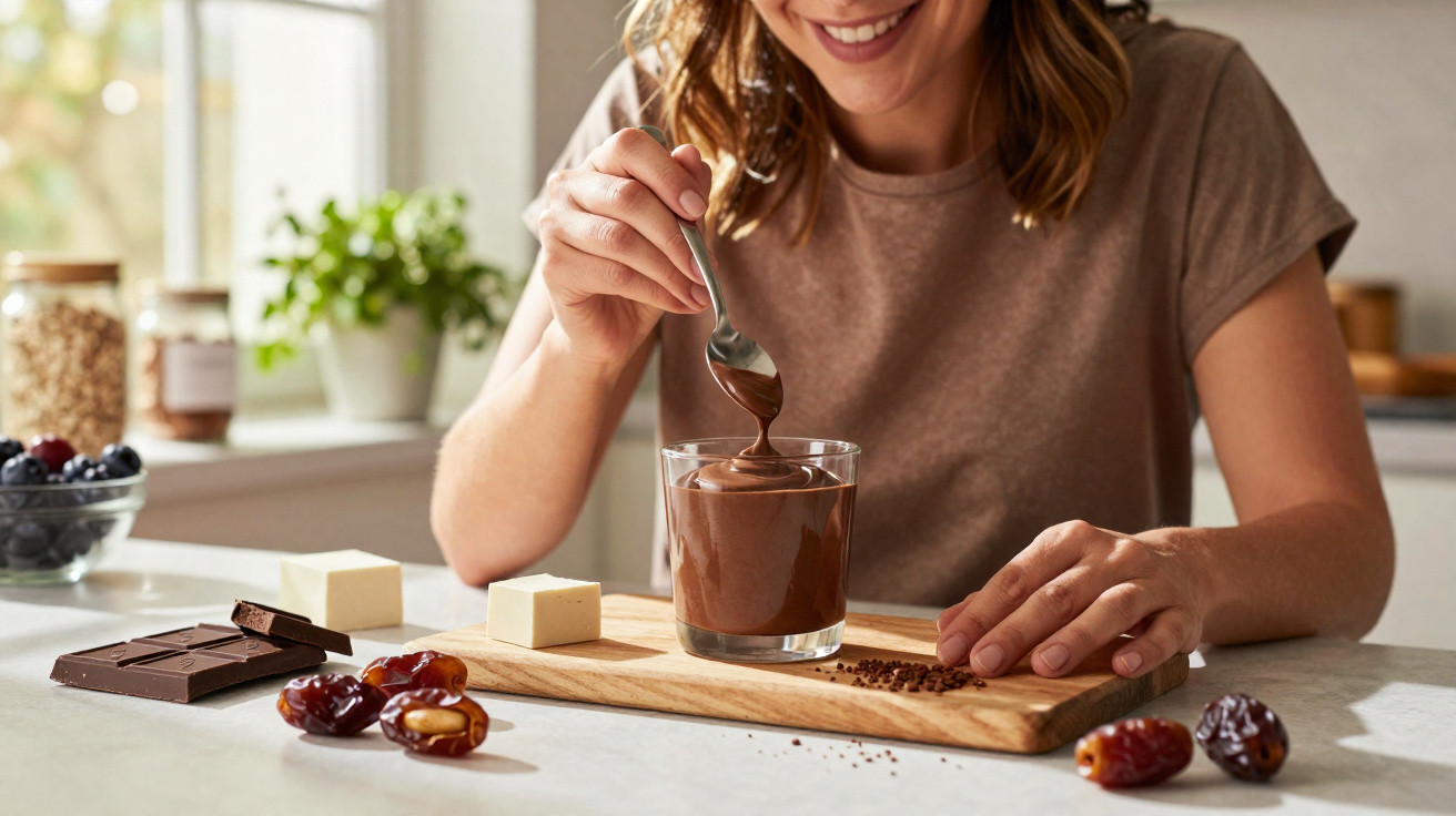 Mulher sorri enquanto mexe creme de chocolate num copo, rodeada de chocolate e tâmaras numa tábua.