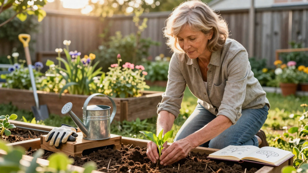 Mulher a plantar uma muda num canteiro de jardim, com regador e caderno de anotações ao lado.