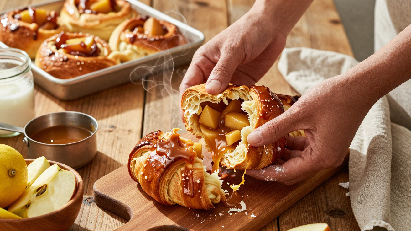 Pessoas partem um croissant recheado com pedaços de maçã e caramelo, com tabuleiro e ingredientes ao fundo.