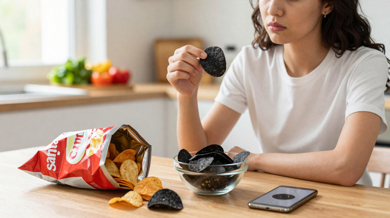 Mulher sentada à mesa a segurar uma batata preta enquanto come, com batatas e telemóvel na mesa.