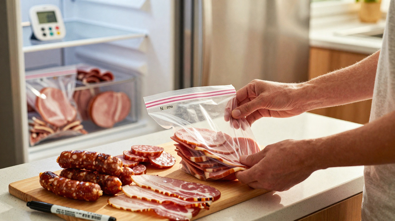 Mãos a guardar fatias de carne e enchidos em saco plástico na cozinha, com frigorífico aberto ao fundo.