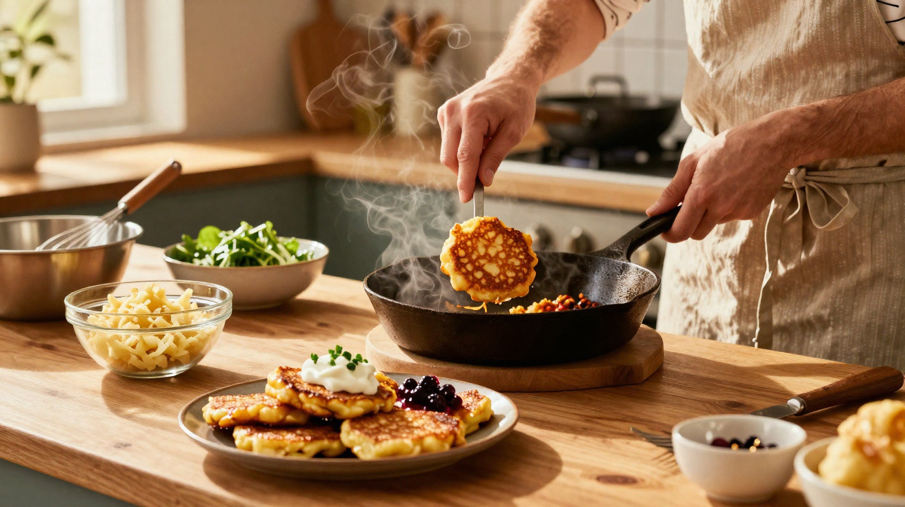 Pessoa a cozinhar panquecas numa frigideira numa cozinha com vários ingredientes numa bancada de madeira.
