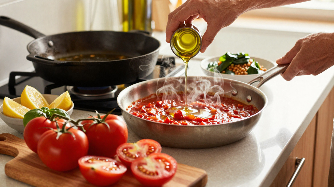 Mãos a deitar azeite numa frigideira com molho de tomate, tomates frescos e limões numa bancada de cozinha.