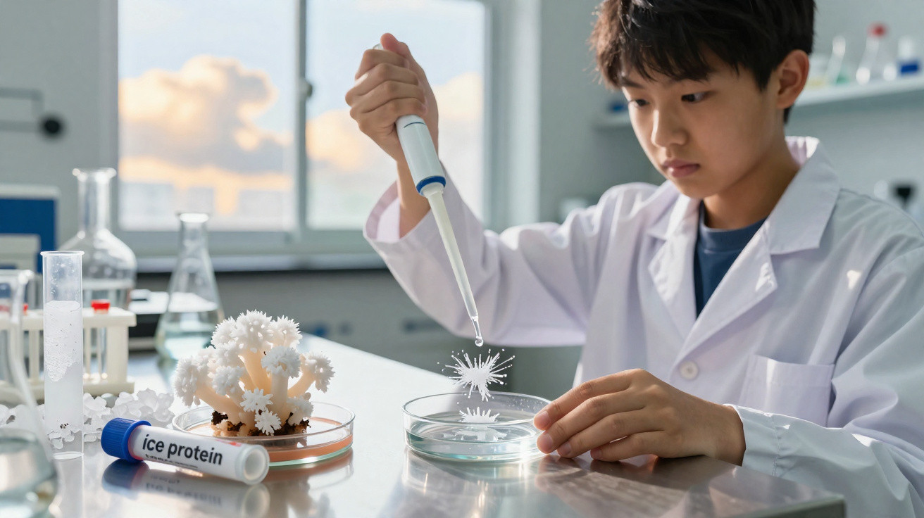Criança em laboratório a fazer experiência científica com pipeta e amostra branca em placa de Petri.
