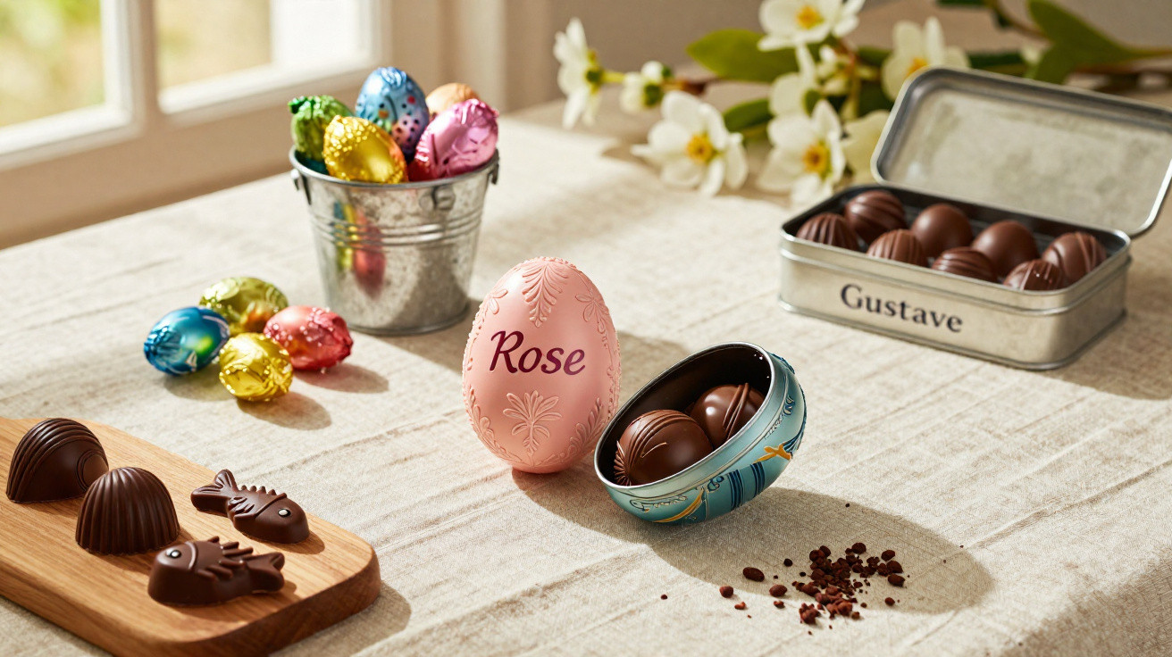 Ovos de Páscoa decorativos e bombons de chocolate em latas e tabuleiro sobre toalha clara numa mesa.