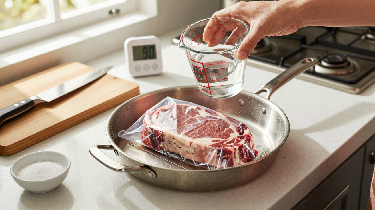 Pessoa a preparar carne selada a vácuo numa frigideira, com medidor de temperatura e gotas de água.