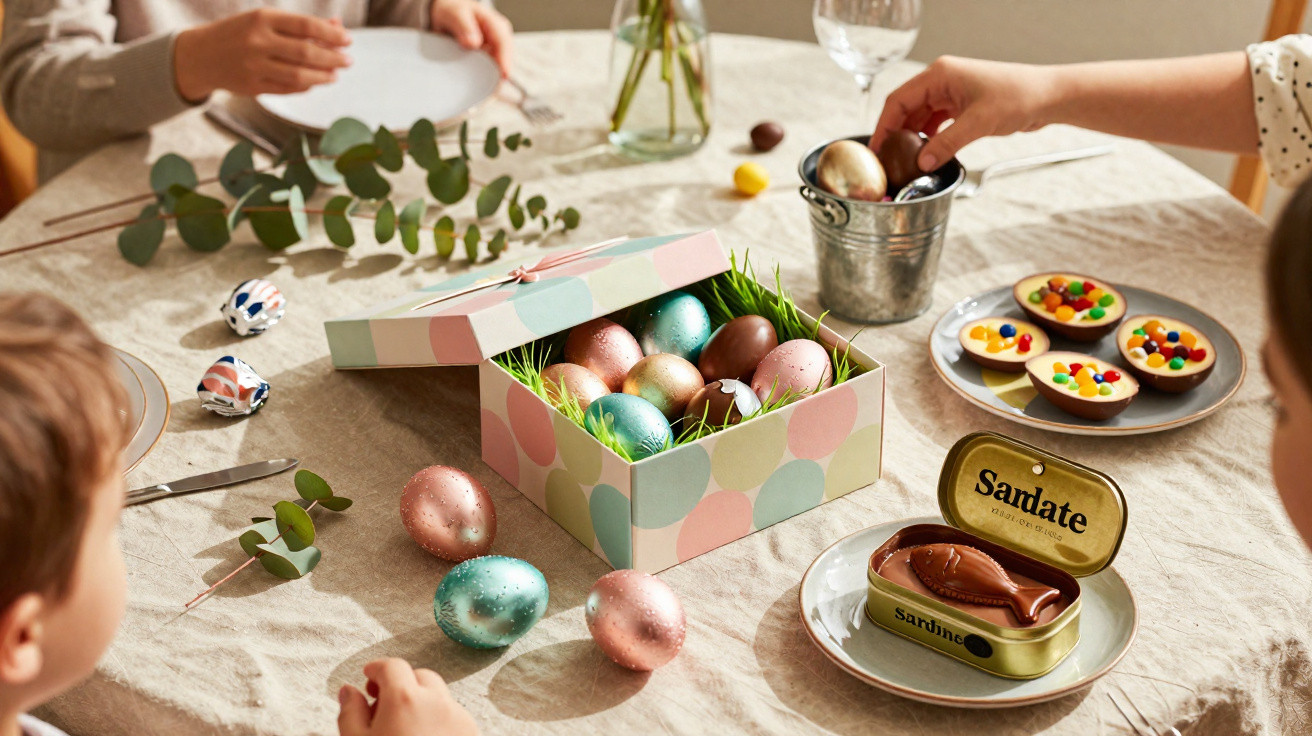Mesa com caixas e ovos coloridos de Páscoa, bolos decorados e crianças a juntar ovos de chocolate.