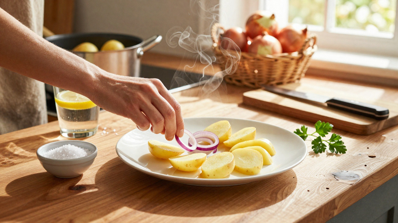 Mão a colocar rodelas de cebola em prato com batatas quentes, numa cozinha com luz natural.