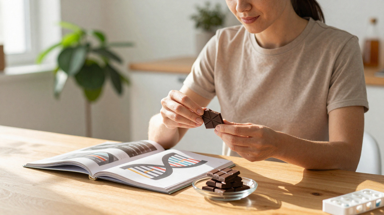 Mulher a partir chocolate em quadrados, com livro aberto sobre DNA numa mesa de madeira.