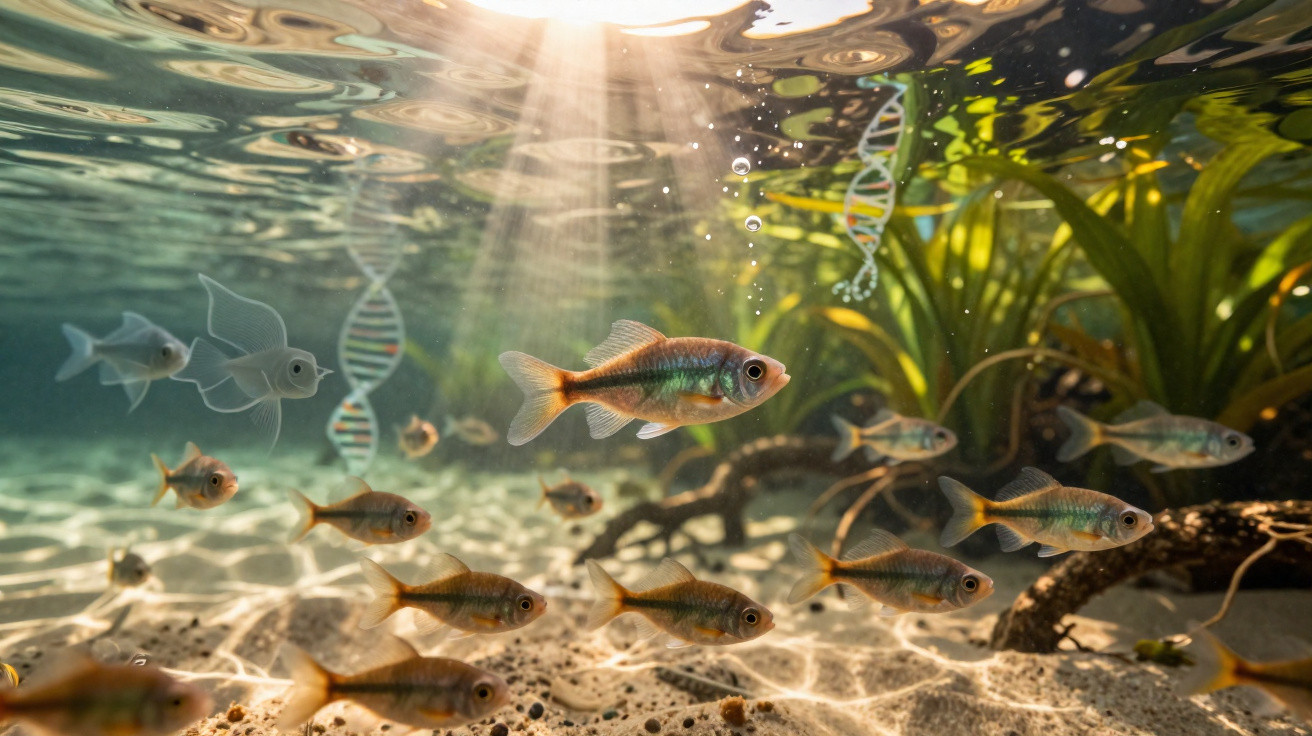 Peixes a nadar em água clara com plantas aquáticas, ramos e dupla hélice de ADN iluminada pelo sol.