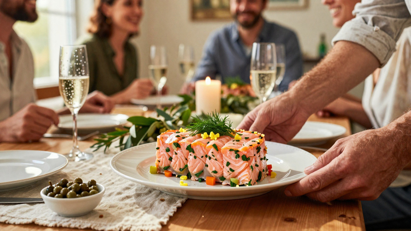 Prato com sushi de salmão servido numa mesa decorada com velas, junto a pessoas a jantar e copos de champanhe.