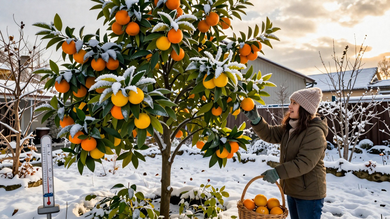 Mulher colhe laranjas numa árvore com frutos e folhas cobertos de neve num jardim nevado.