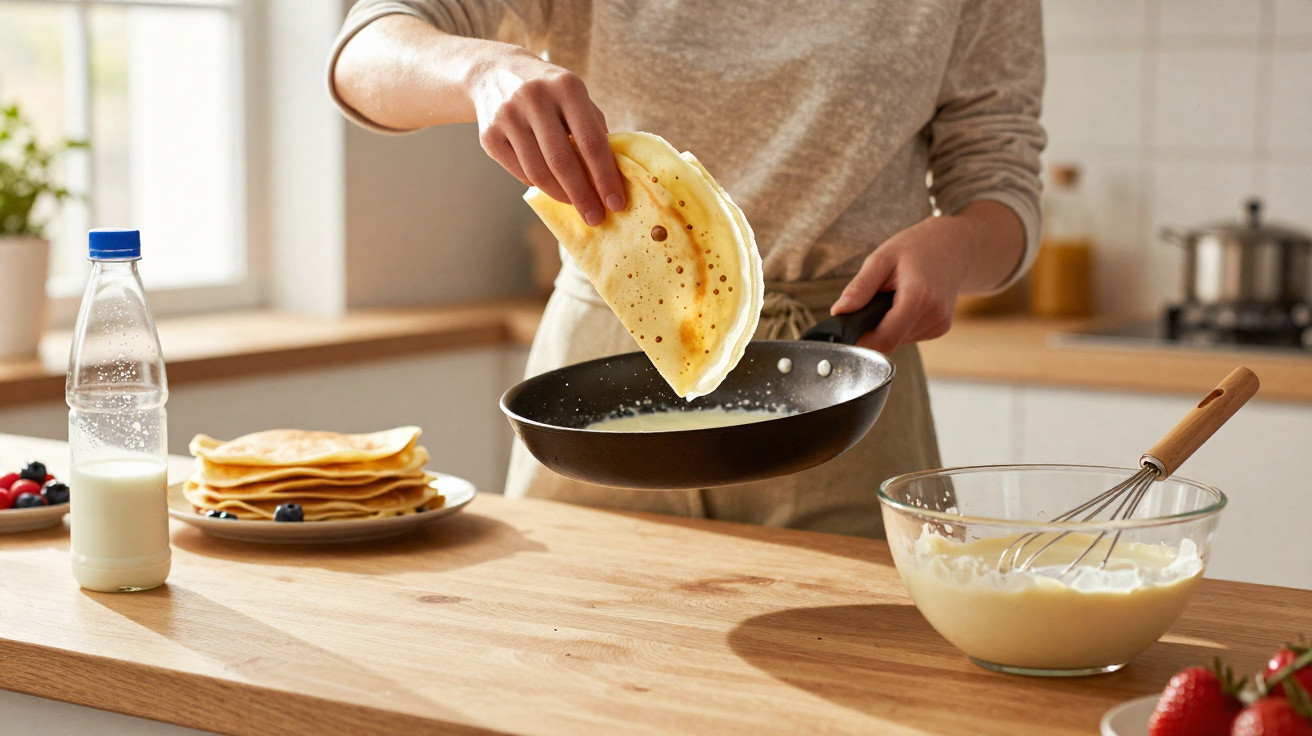 Pessoa a cozinhar crepes numa frigideira numa cozinha iluminada, com ingredientes e crepes na bancada.